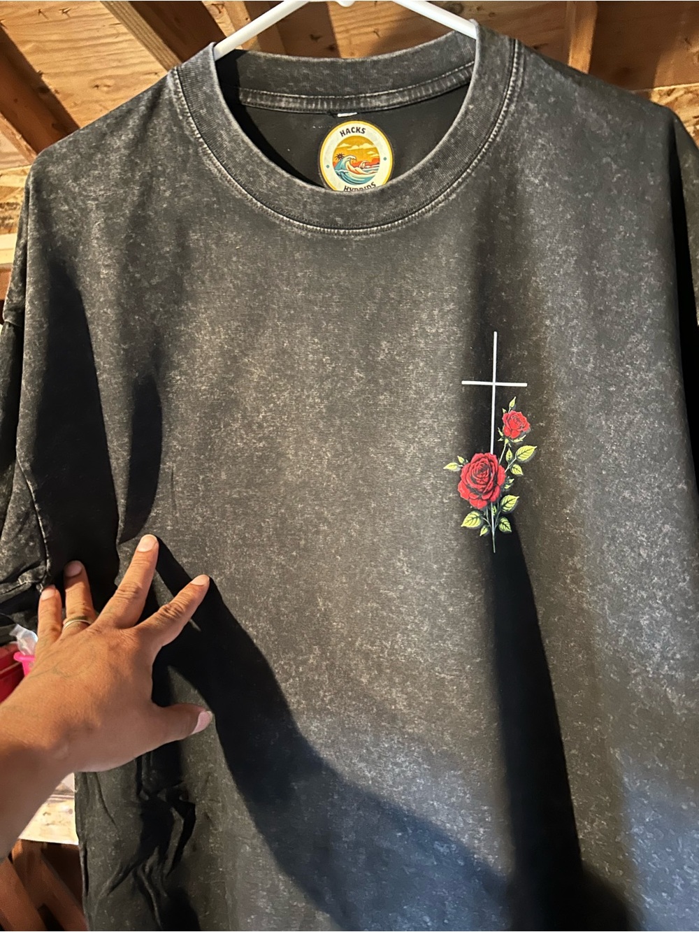 Vintage Black Mineral-Wash Tee with Red Rose & Cross